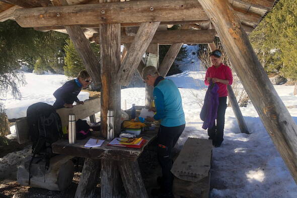 Zoom: Büro-Team von berg-welt auf Schneeschuhen im Diemtigtal